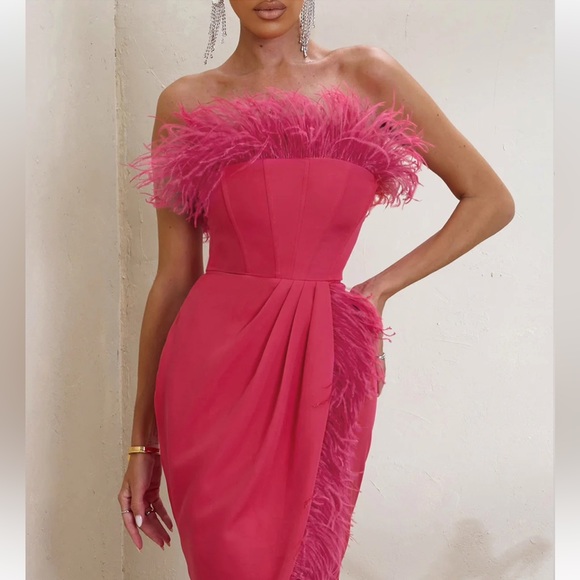 COSMO HOT PINK BANDEAU CORSET MAXI DRESS WITH FEATHER TRIM - Picture 2 of 5